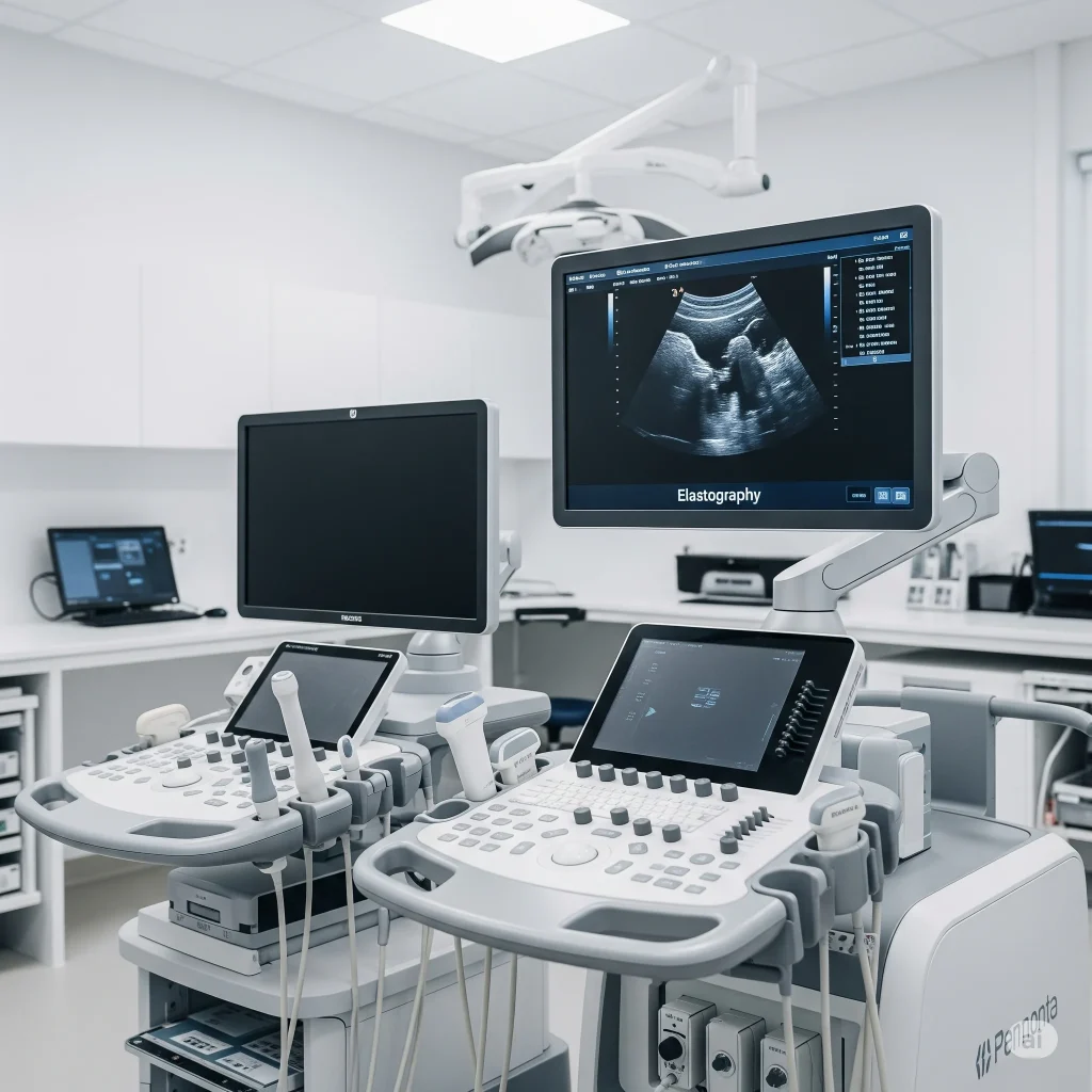 تجهیزات پیشرفته تصویربرداری پزشکی نوراوید شامل دستگاههای اولتراسوند و نمایش الاستوگرافی در یک آزمایشگاه مدرن و مجهز.