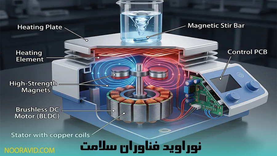 نمای داخلی و معماری موتور براشلس و سیستم مگنت در هیتر استیرر آزمایشگاهی